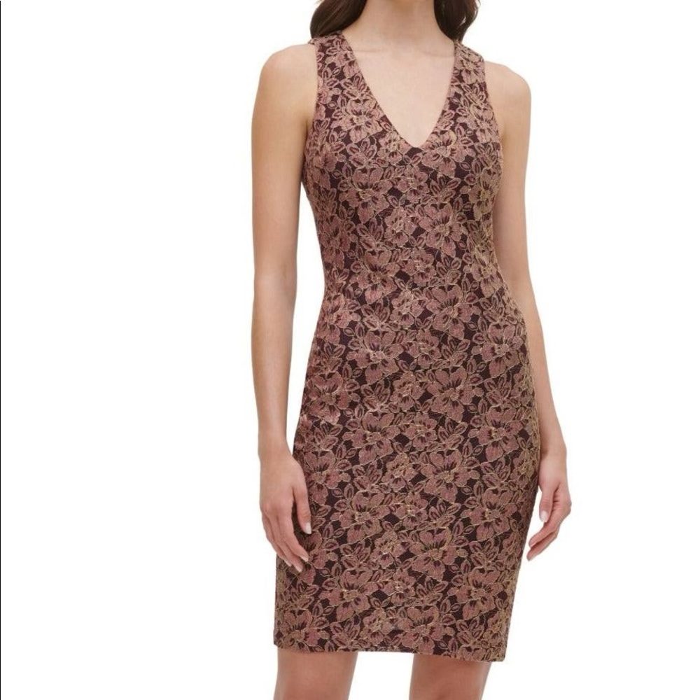 GUESS WOMEN DRESS WINE PURPLE GOLD V-NECK LACE METALLIC SHEATH